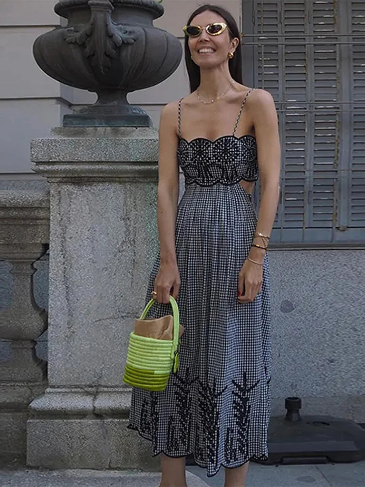 Aiertu  -  Sexy Plaid Print Sling Dress Women Hollow Out Tube Top Backless Sleeveless A-line Dresses 2026 Summer Lady Holiday Vestidos Aiertu