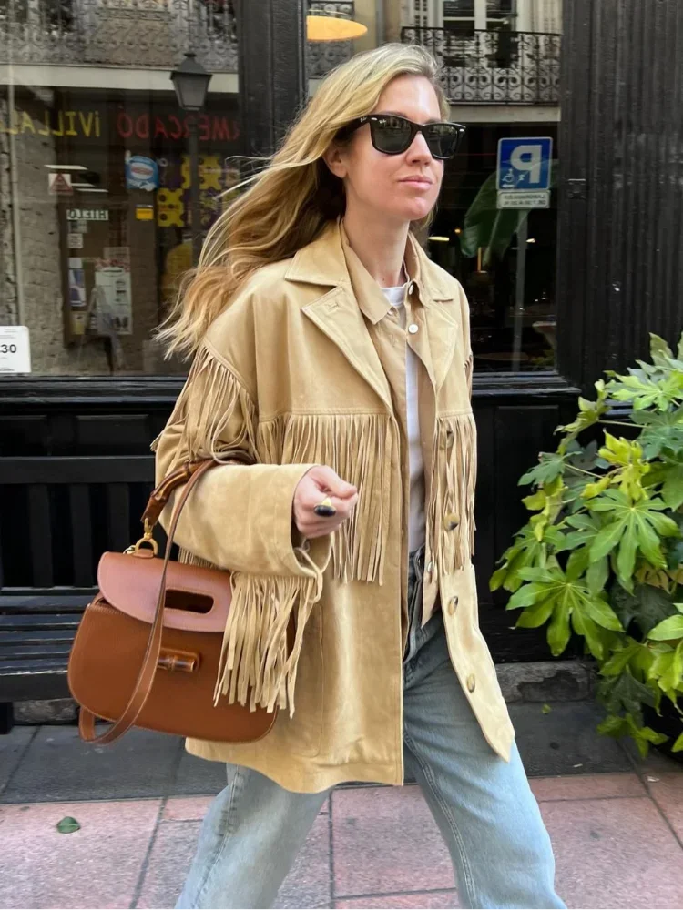 Aiertu  -  Fashion Tassel Patchwork Single-breasted Jacket Women Casual Lapel With Pockets Long Sleeve Coats Autumn New Lady Chic Outerwear Aiertu
