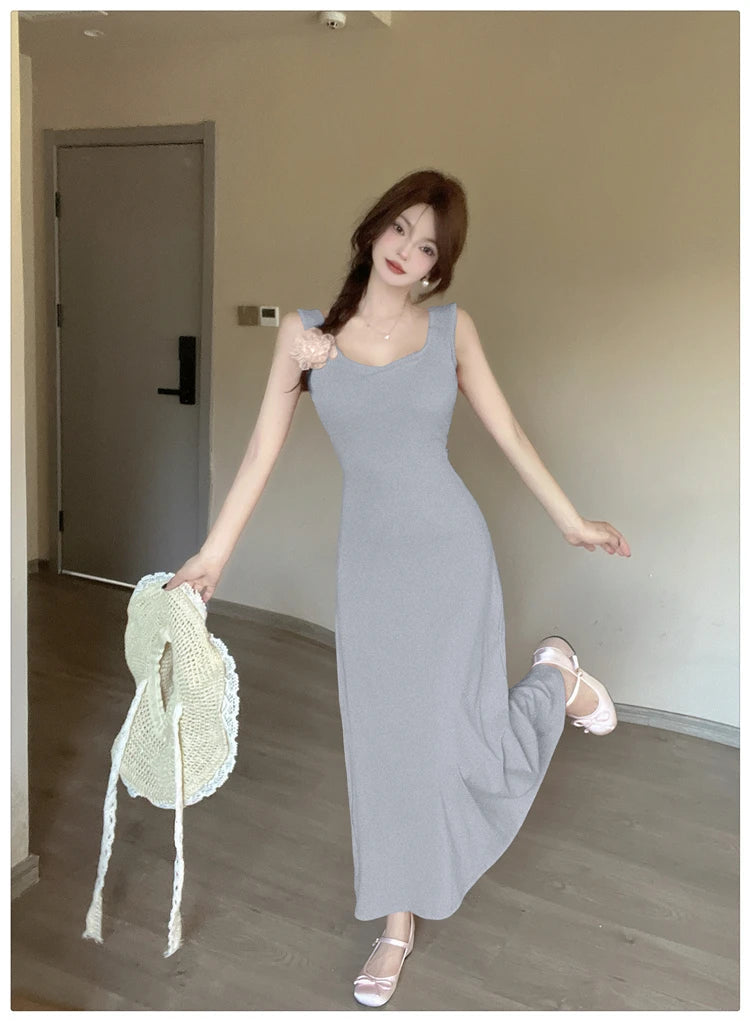 Aiertu  -  Spice Girl Sexy Strap Dress Women's Summer Sleeveless Slim A-line Solid Color Long Dress Fashion Female Clothes Aiertu