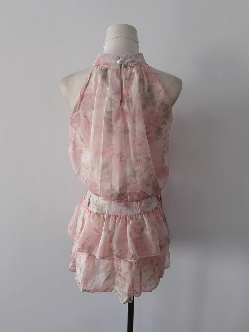Aiertu  -  Sweet Hot Girl Suit Women's Summer Floral Sleeveless Chiffon Vest High Waisted Mini Skirt Two-piece Set Fashion Female Clothes Aiertu