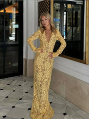 Aiertu  -  Sexy Yellow Deep-v Neck Long Dress Women Chic Long Sleeve Skinny Mermaid Dresses 2026 Autumn New Ladies Party Club Evening Robes Aiertu