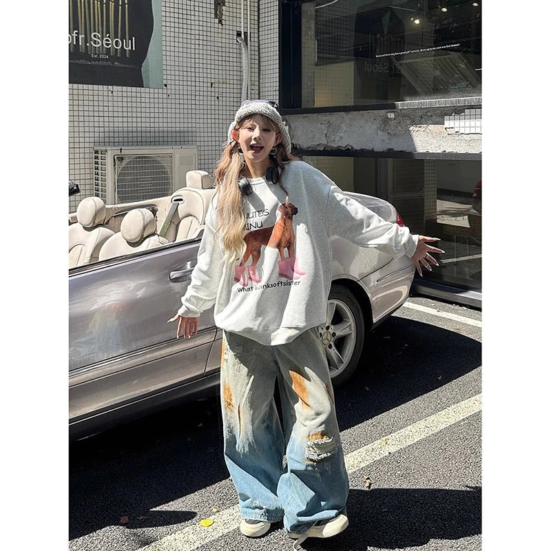 Aiertu  Summer Women's Blue Print Ripped Jeans Harajuku Y2k 2000s Style Baggy Denim Trousers Vintage Punk Trashy Oversize Jean Pants Aiertu