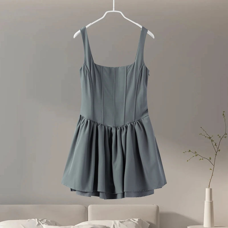 Aiertu  -  Elgant Sling Mini Dress Women Sexy Slim Square Neck Puffy Robe Female 2024 Fashion Solid Sleeveless A Line Party Dresses Lady Aiertu