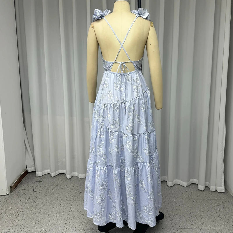 Aiertu  -  Women Maxi Dress Elegant Sweet Sleeveless V Neck Petal Sleeve Cross-Strap Printed Nipped Waist Backless Lace Up Dresses Aiertu