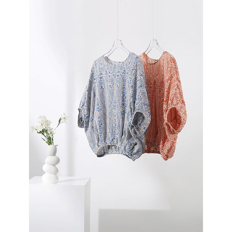 Aiertu Elegant Blouses Women Vintage Bow Bandage Print Shirts Office Lady Summer Korean Batwing Sleeve Casual All Match Chic Tops Aiertu