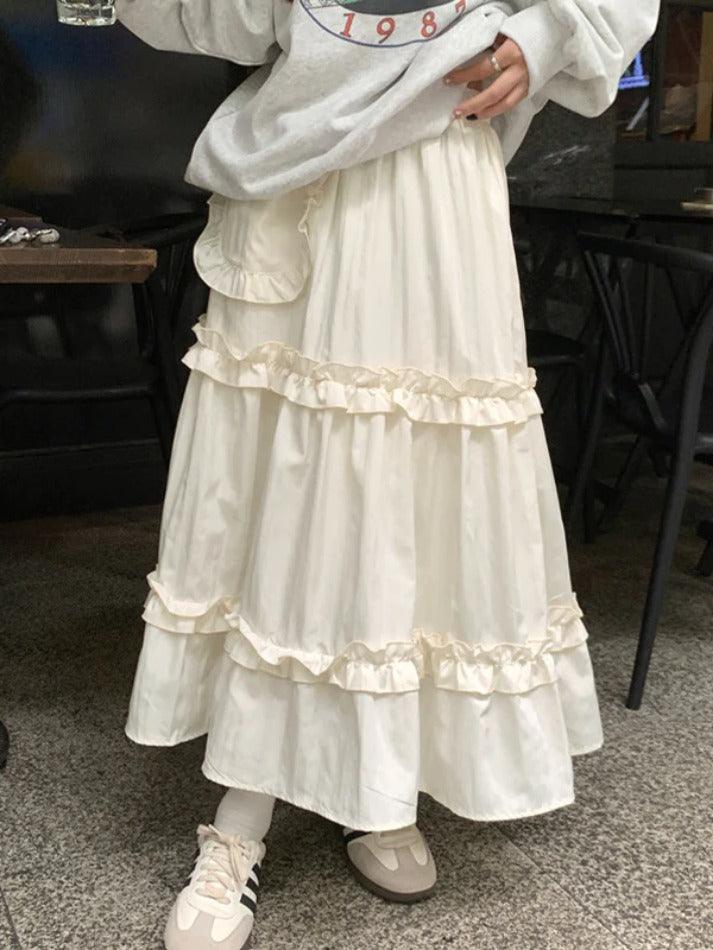 Aiertu  Pleated Elastic Waist Fungus Splice Tiered Midi Skirt Aiertu