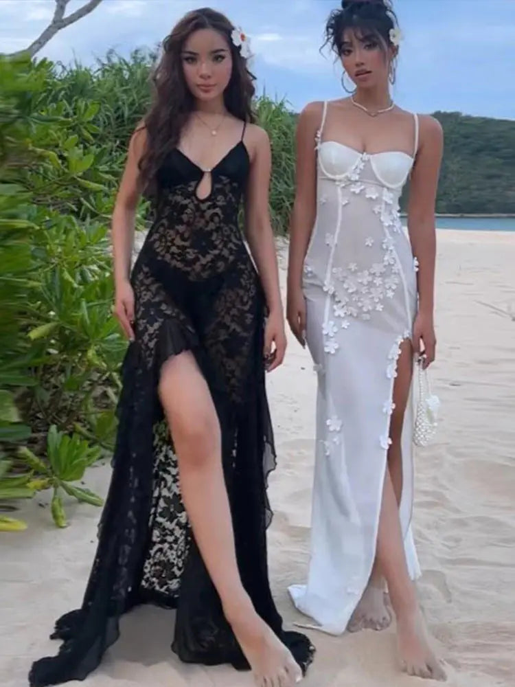 Aiertu  -  3D Flower High Slit Slip Dress Party Evening Robes Fishbone Waist Cinching Slimming Halter Fashion Classic Women'S Long Dresses Aiertu