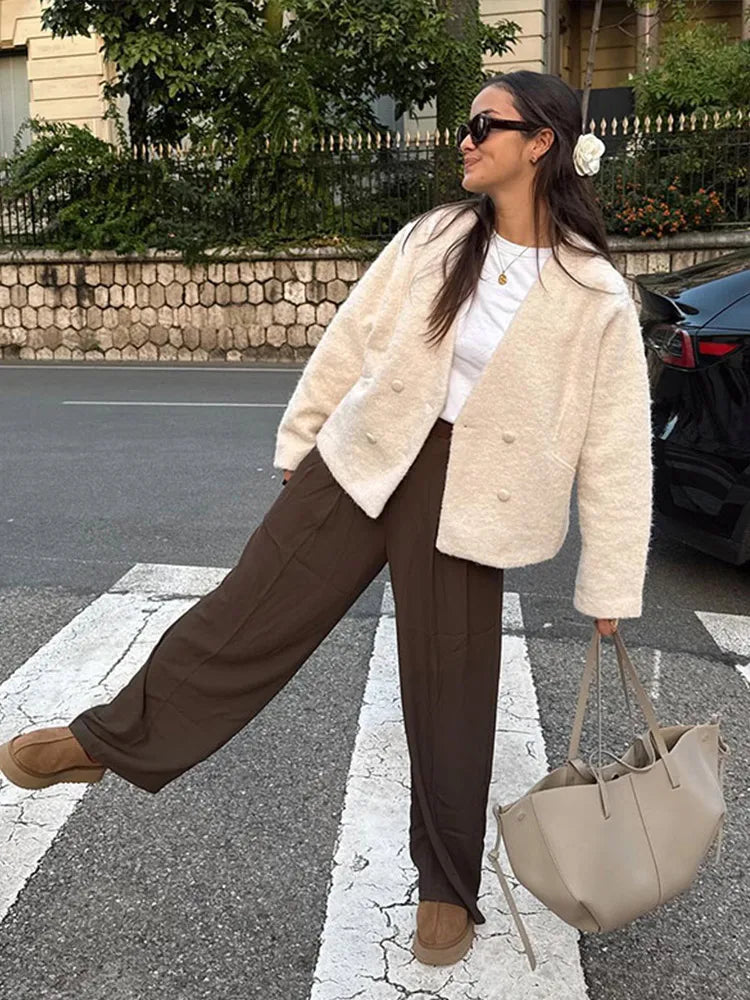 PICSGIRL  -  Faux Fur Jackets Women Casual Loose V Neck Double Breasted Thick Warm Coats Female  Winter Fashion Solid Long Sleeves Coat Aiertu