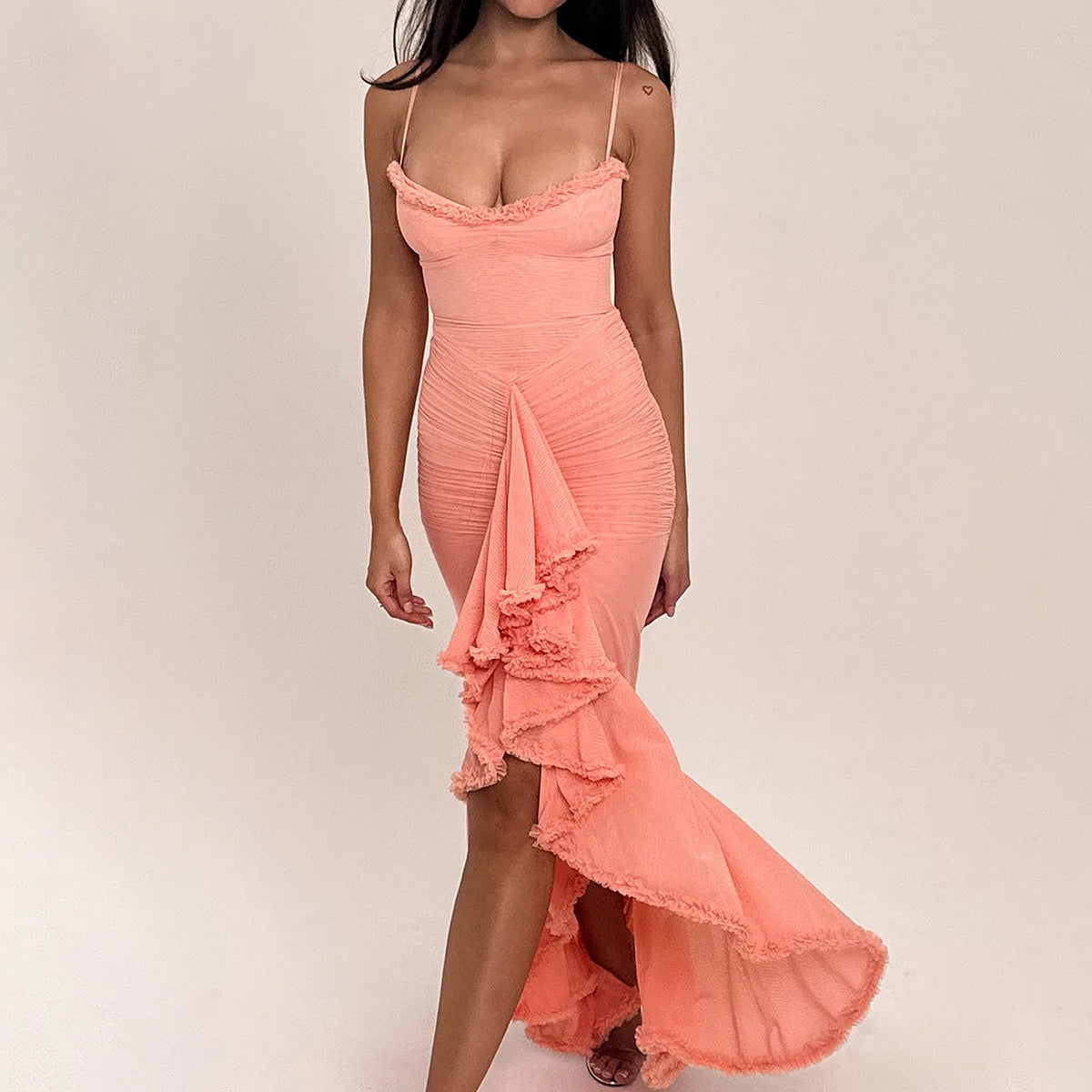 Aiertu  -  Sexy Spaghetti Strap Ruffle Irregular Bodycon Party Club Evening Dress Women  Mesh Suspender Spring Summer Holiday Beach Aiertu