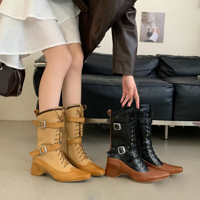 Aiertu    -  Yellow Cowboy Boots Women Lace Up Belt Buckle Block Heels Mid-calf Western Boots Autumn Vintage Designer Shoes Black Botas Mujer Aiertu