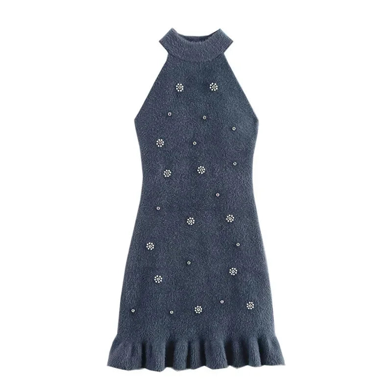 Aiertu  -  Elegant Pearl Decor Knit Halter Short Dress Women Slim Off Shoulder Sleeveless Mini Party Dresses New Lady Sexy Ball Gowns Aiertu
