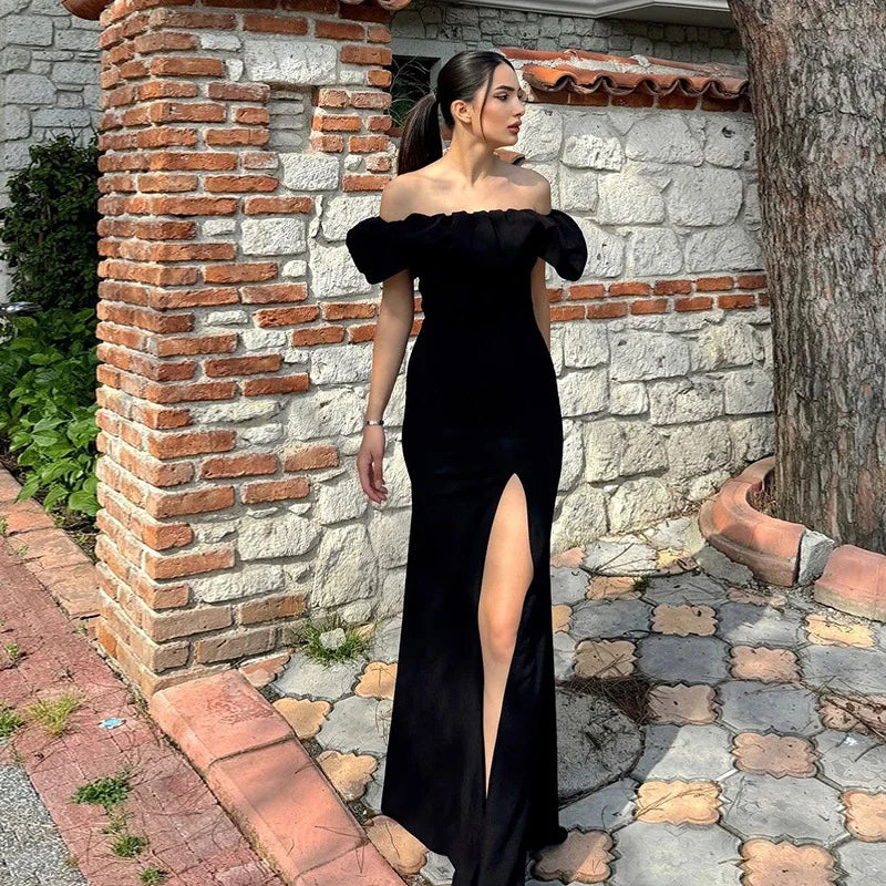 Aiertu  -  layered look inspo Off Shoulder Solid Women Dress Sleeveless Backless Split Lady Dresses Fashion Wave Cut Evening Party Female Maxi Vestidos Aiertu