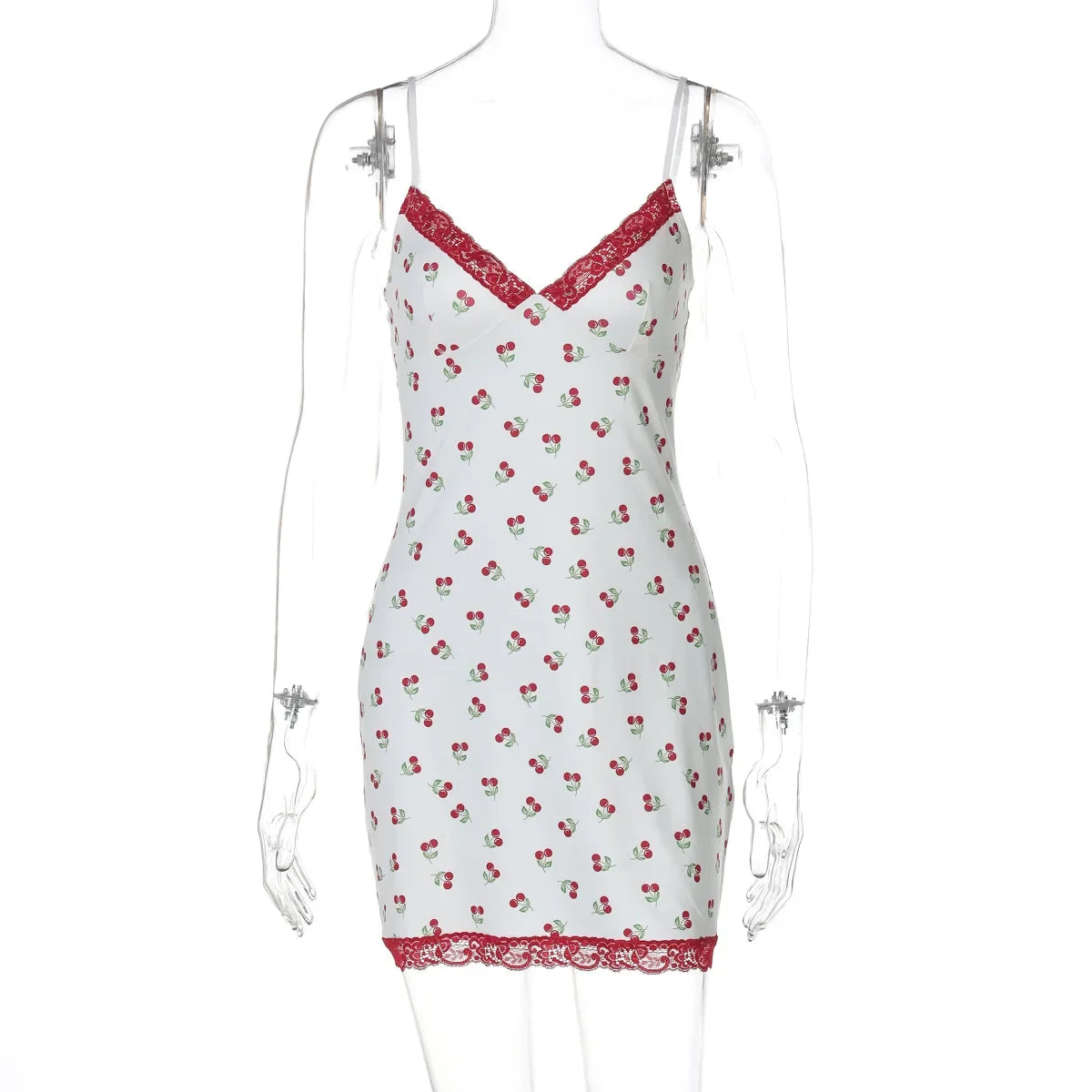 Aiertu  -  Y2K Cherry Printed Lace Patchwork Short Dresses for Women Casual Sexy V-neck Sleeveless Backless Slim Beach Vacation Dress White Aiertu