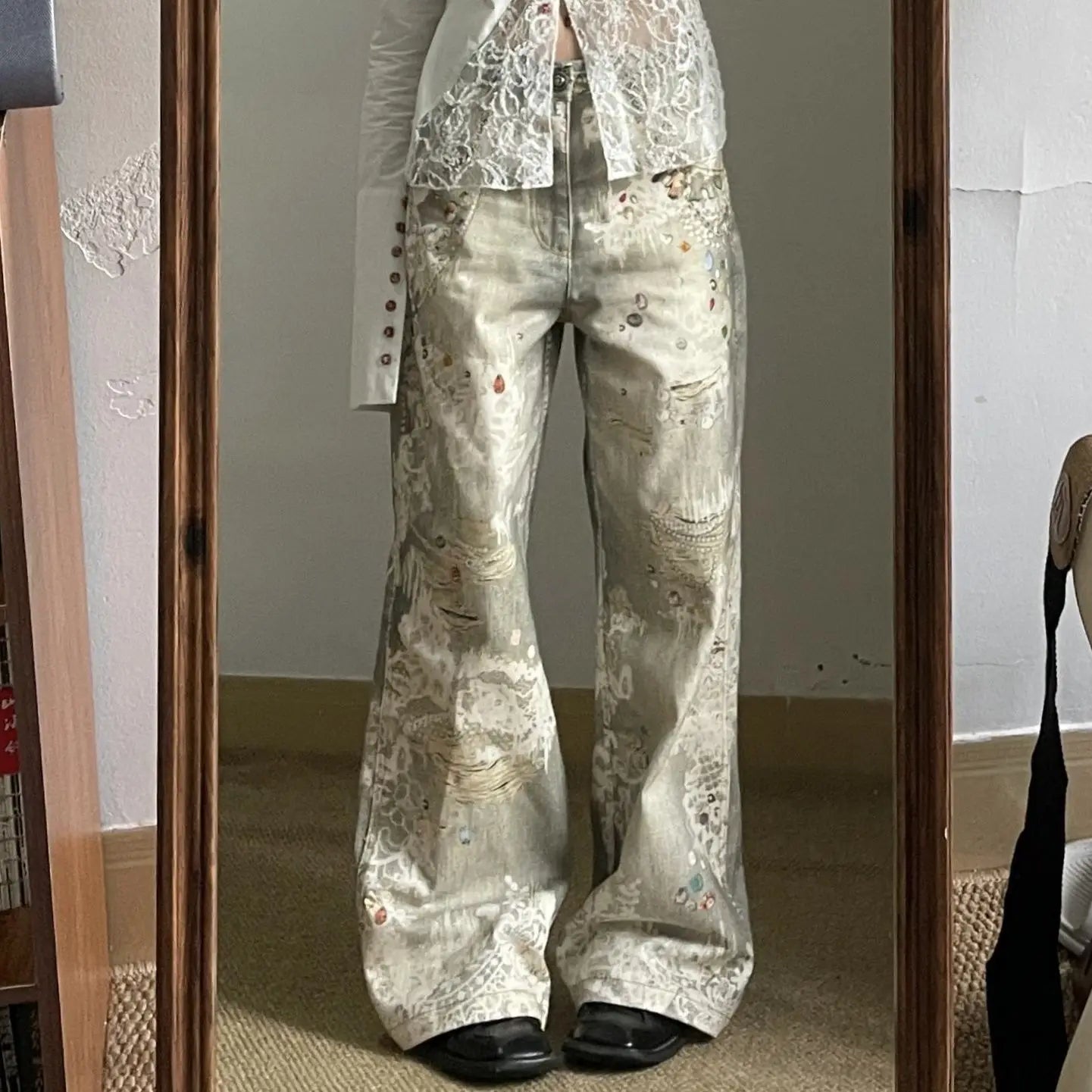 Aiertu  -  Streetwear New Retro Washed Gem Print Jeans Women's American Harajuku Hip Hop Baggy Straight Pants Casual Y2K Wide Leg Pants Aiertu