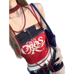 Aiertu  -  American retro splicing contrasting color red suspender vest women's summer babes hot pants shorts set Aiertu