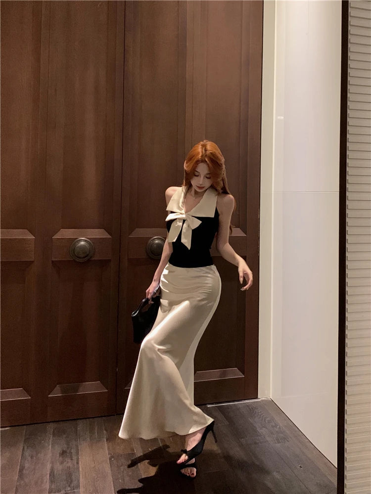 Aiertu  -  Bow temperament collar hanging neck vest satin fish tail half skirt two-piece set women's summer fashion beautiful set Aiertu