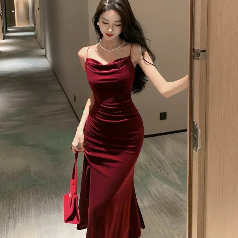 Aiertu Vintage Sexy Club Prom Red Dresses for Women Spaghetti Strap Slit Velvet Dress Beach Bandage Bodycon Midi Dress Party Elegant Aiertu