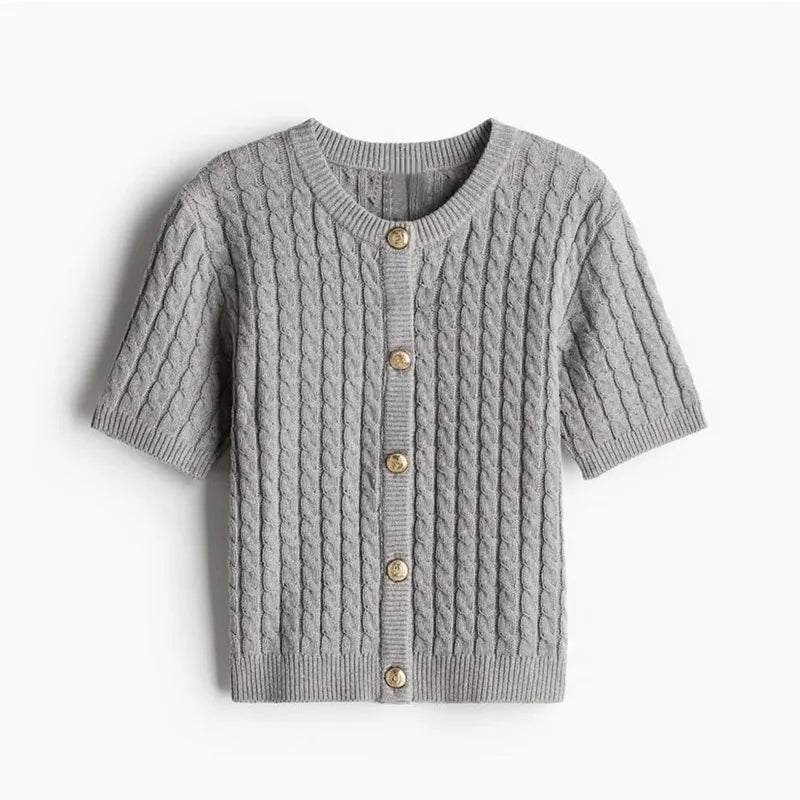 Aiertu  -  Round Neck Slim Fit Knitted Sweater Cardigan Short Sleeved Knitwear Slimming Thread Twist Comfort Top Women Fashion Autumn New Aiertu