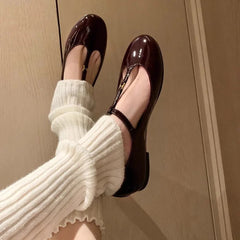 Aiertu  -   T-strap Mary Janes Shoes Women Patent Leather Elegant Black Ballet Flats Shoes Female Shiny Glossy Buckle Strap Pumps Loafers Aiertu