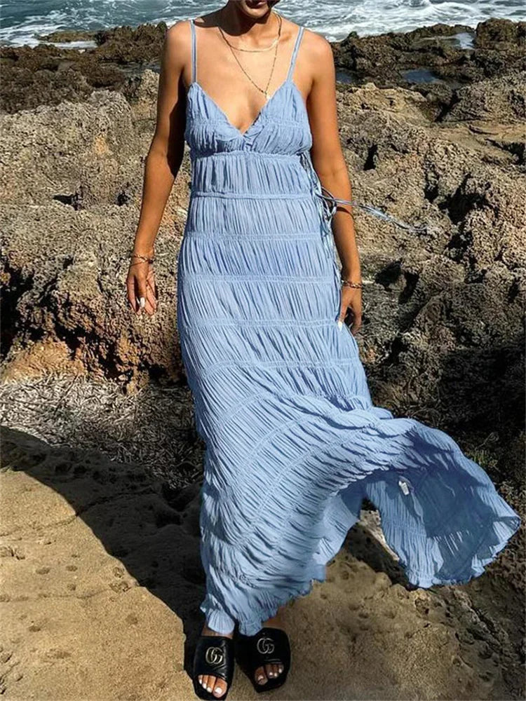 Aiertu  -  Ladies Elegant Halter Dresses V-Neck Sleeveless High Waist Patchwork Spaghetti Backless Party Dress Women 2025 Long Dress Aiertu