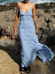 Aiertu  -  Ladies Elegant Halter Dresses V-Neck Sleeveless High Waist Patchwork Spaghetti Backless Party Dress Women 2025 Long Dress Aiertu