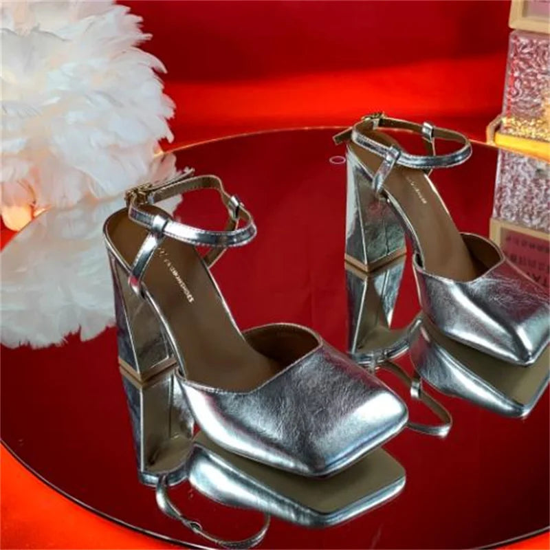 Aiertu  -  Rhinestone Shoes for Womens Square Toes Chunky High Heels Buckle Ladies Patent Leather Solid Tacones Ankle Strap Chassure Femme Aiertu
