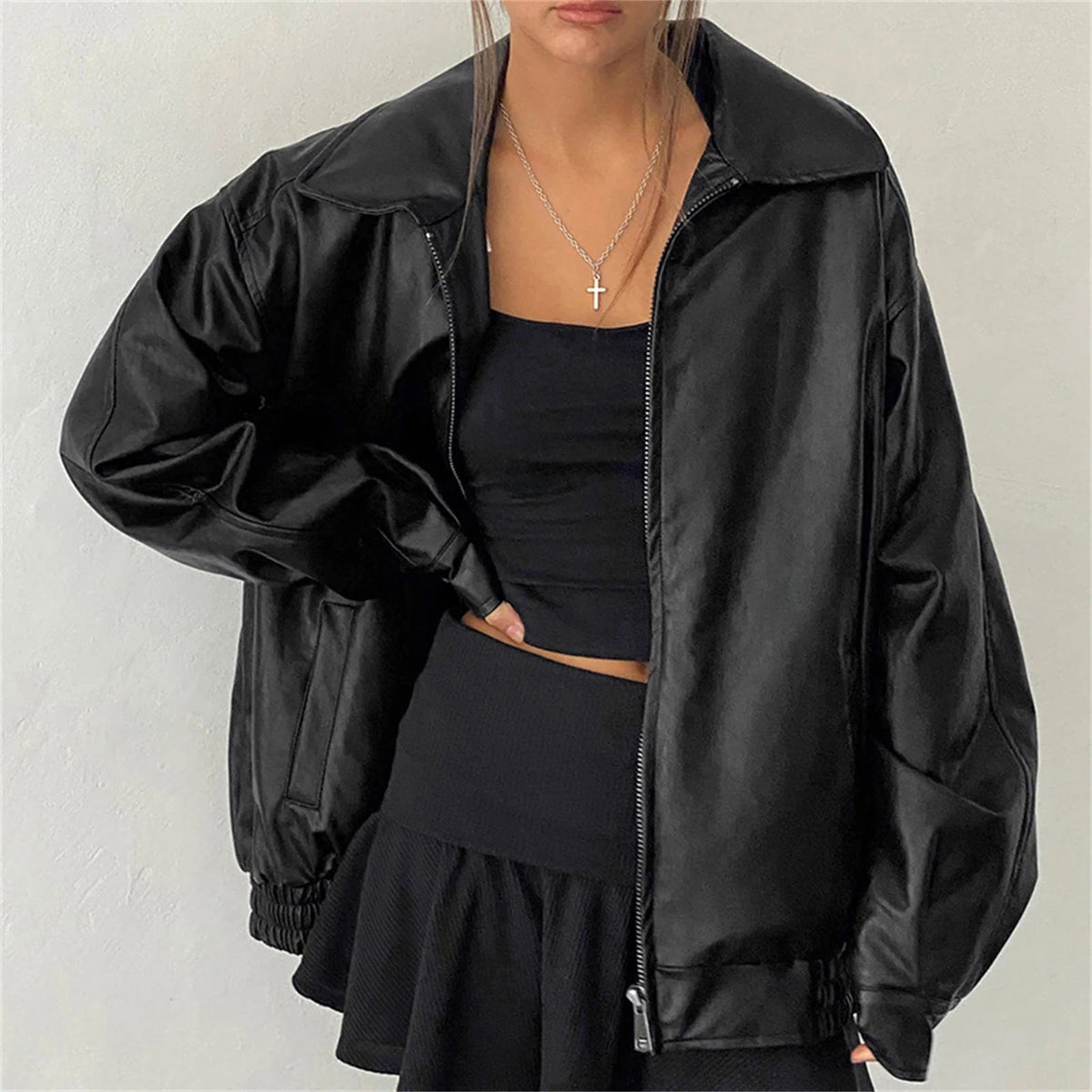 Aiertu  -  Womens Oversized Zip Up Leather Jackets Faux Motorcycle Bomber Coats Fall Fashion Outfits Winter Clothes Aiertu