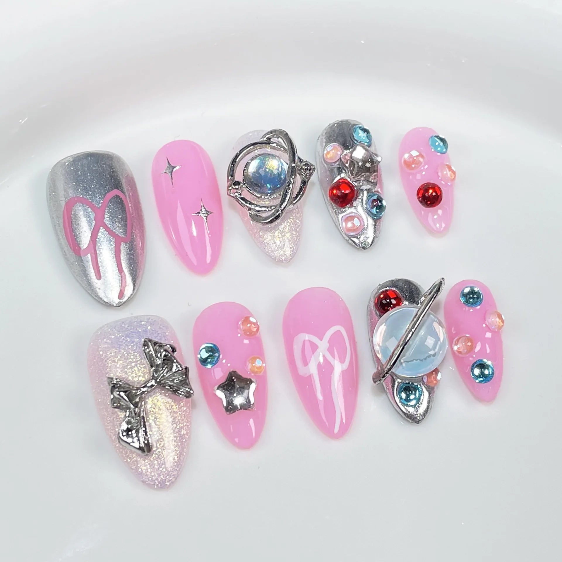 Aiertu 10pcs Blush Pink Fake Nail Patches Handmade Pearl Love Heart Press On Nails Planet Cross Designs Detachable Almond Aiertu