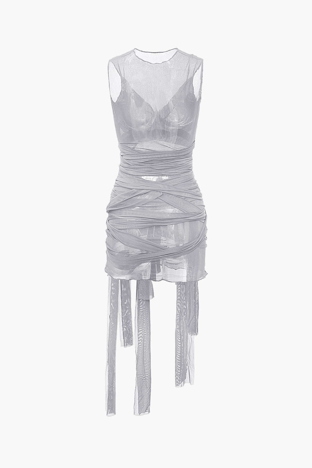 Aiertu  Sheer Mesh Wrap Tie Ribbon Mini Dress Aiertu