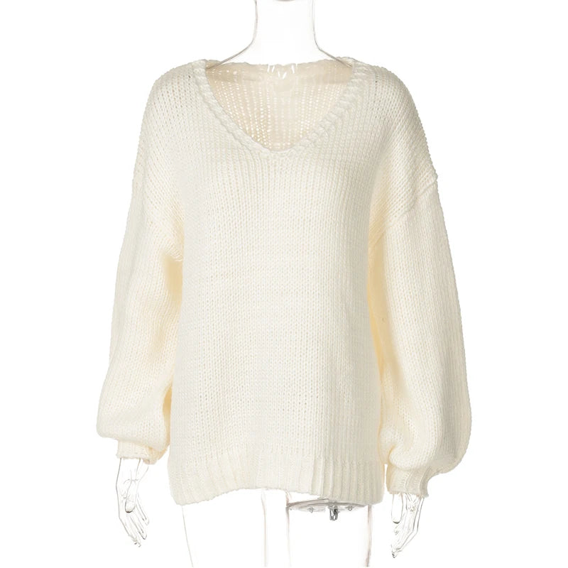 Aiertu  -  Loose Big V Neck knitted Sweater For Women Casual Solid Color Pullovers Top Long Sleeve Hollow Top Autumn Winter New 2026 Aiertu