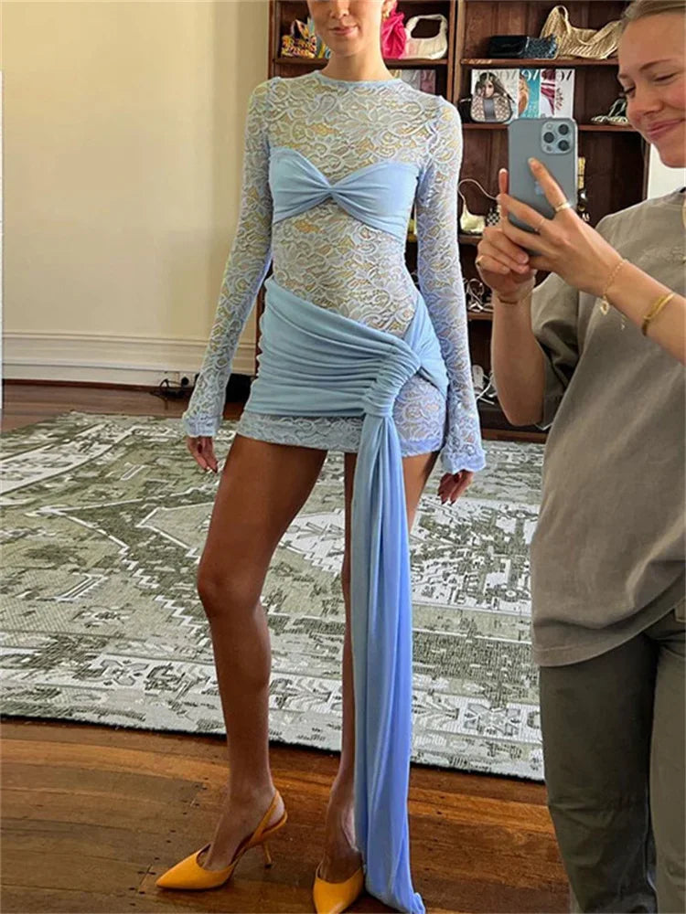 Aiertu  -  Printed See-Through Sexy Mini Dress Female Bandage Long Sleeve Lace Patchwork Hollow Out Contrast Dress Women's Clothes Aiertu