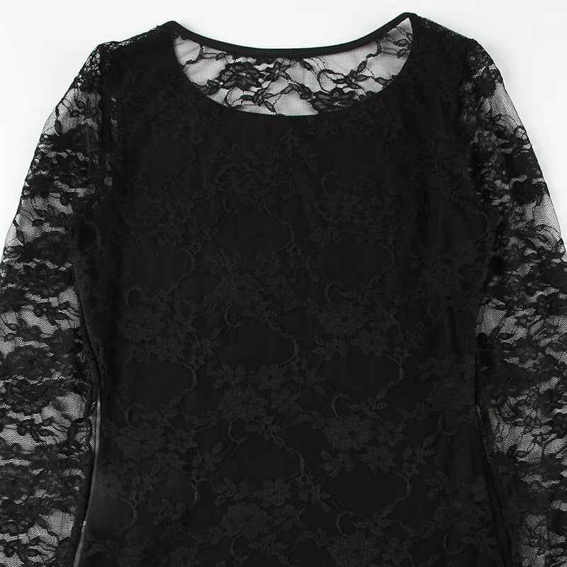 Aiertu  -   party look snspos Hollow Out Lace Sleeve Patchwork Top Women's Autumn Spring Sexy Slim-fitting T-shirts Chic Elegant Crew Neck Tops Retro Aiertu