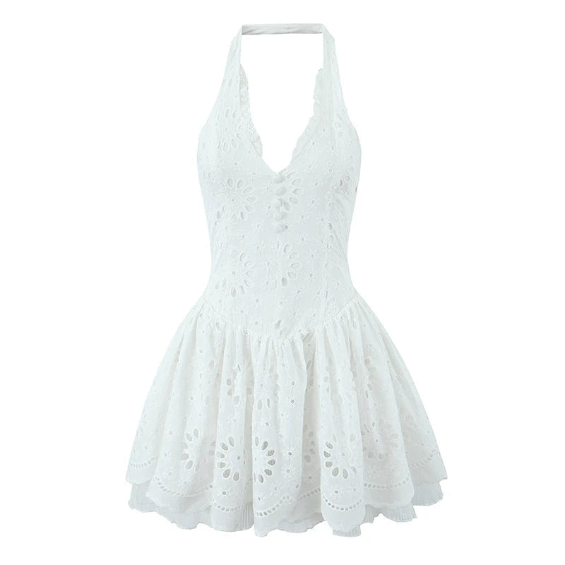 Aiertu  -  Fashion Hollow Out Embroidery White Halter Dress For Women Sexy Backless Low Waist  A-line Mini Summer Dresses French Style Robe Aiertu