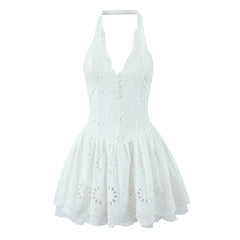 Aiertu  -  Fashion Hollow Out Embroidery White Halter Dress For Women Sexy Backless Low Waist  A-line Mini Summer Dresses French Style Robe Aiertu