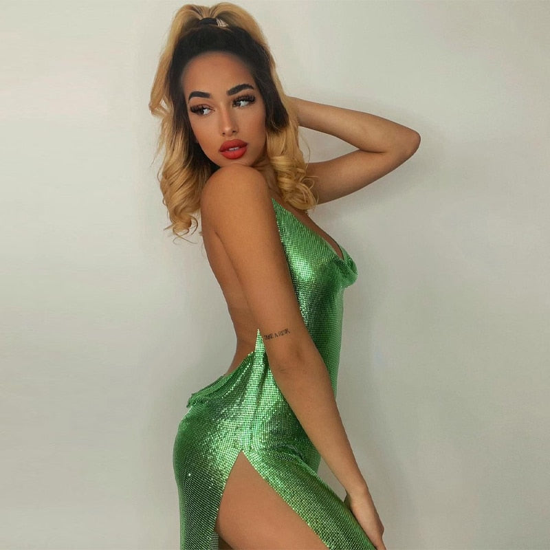 Aiertu  Summer Clothes Bling Glitter Women Halter Mini Dress Side Slit Backless Bodycon Sexy Streetwear Party Club Festival Aiertu
