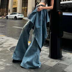 Aiertu Blue Fake Two-piece Jeans Female Autumn and Winter New Retro Niche Design Sense Irregular Skirt Flared Pants Wide-leg Pants Aiertu