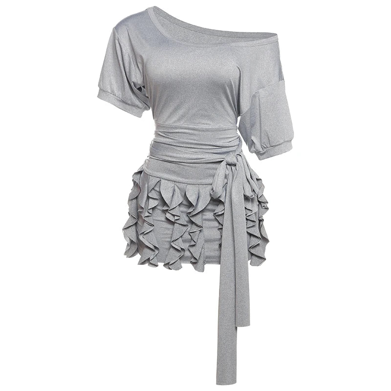 Aiertu  -  Solid Ruched Tassel Mini Dress Women Y2K Style Skew Collar Off Shoulder Short Sleeve Street Fashion Temperament Outfits Aiertu