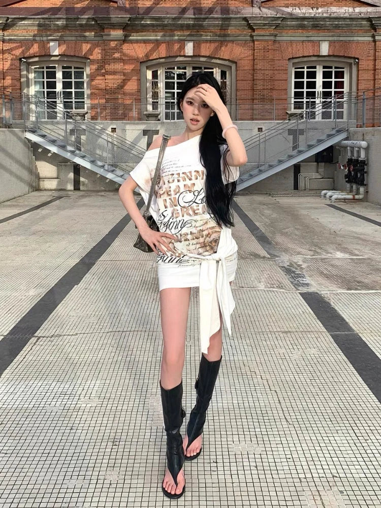 Aiertu  -  Summer Sexy Harajuku Off The Shoulder Mid-length T Shirts American Subcultural Print Slim Dresses Y2k Spliced Lace Up Girl Dress Aiertu