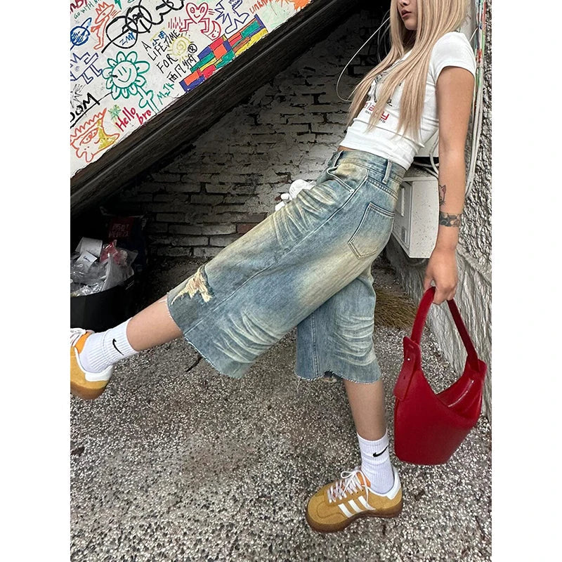 Aiertu  Women Short Jeans Blue American Ripped Y2K Straight Streetwear Wide Leg Pants High Waist Female Summer Knee Length Denim Shorts Aiertu