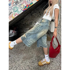 Aiertu  Women Short Jeans Blue American Ripped Y2K Straight Streetwear Wide Leg Pants High Waist Female Summer Knee Length Denim Shorts Aiertu