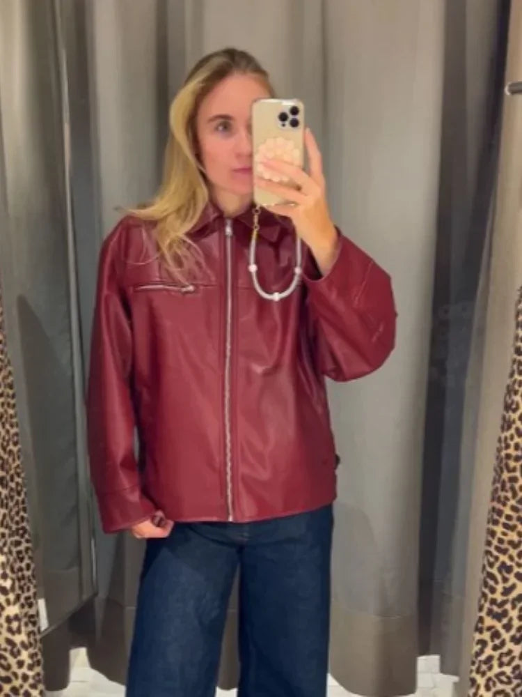 Aiertu  -  2026 New Women Solid Zipper Leather Jacket Vintage Lapel Long Sleeve Bomber Loose Coat Ins Fashion Lady Motorcycle Outerwear Aiertu