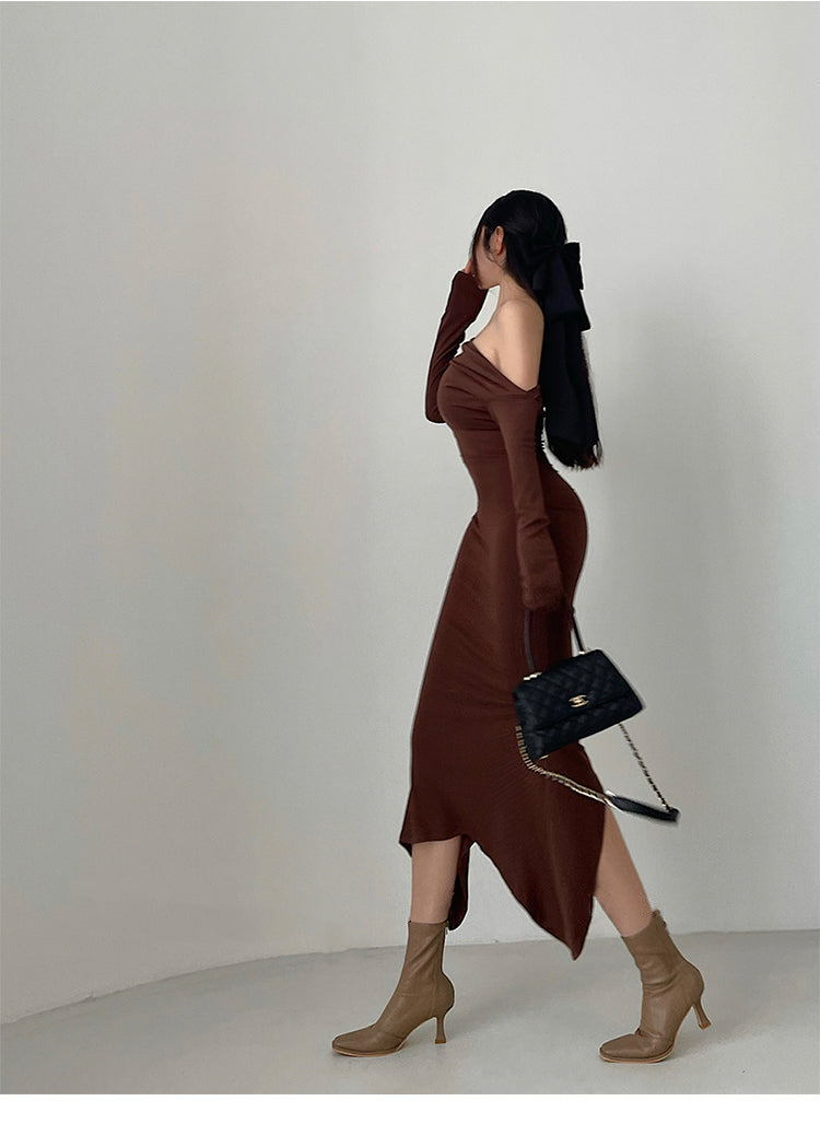 Aiertu Solid Color Slim Off The Shoulder Long Sleeve Dress Aiertu