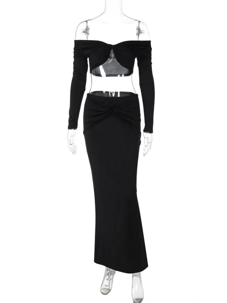 Aiertu  -  Sexy Strapless Two Piece Sets Women Off-shoulder Long Sleeve T-shirt And Long Skirt Female Club Matching 2 Piece Sets Aiertu