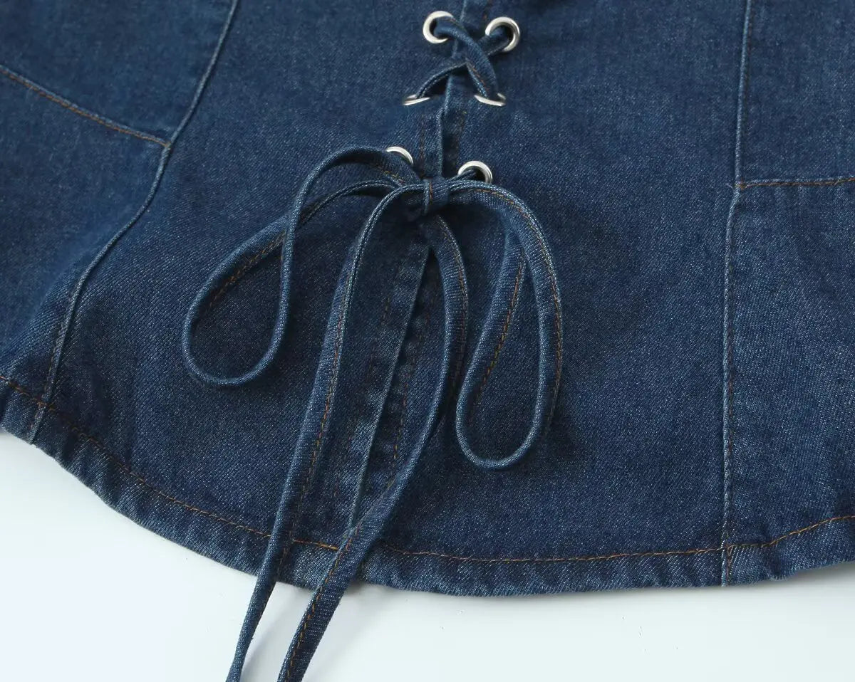 Aiertu  -  Sexy Square Collar Blue Denim Camis Sexy Corset Women Front Cross Lacing up Bandage Bow Tank Tops Back Zipper Slim Crop Top Aiertu