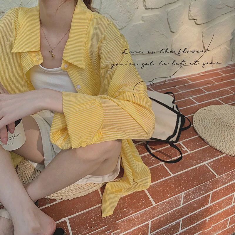 Aiertu Striped Sun Proof Shirts Women Korean Oversized Sunscreen Blouses Summer Streetwear Long Sleeve Casual Sun Protection Top Aiertu