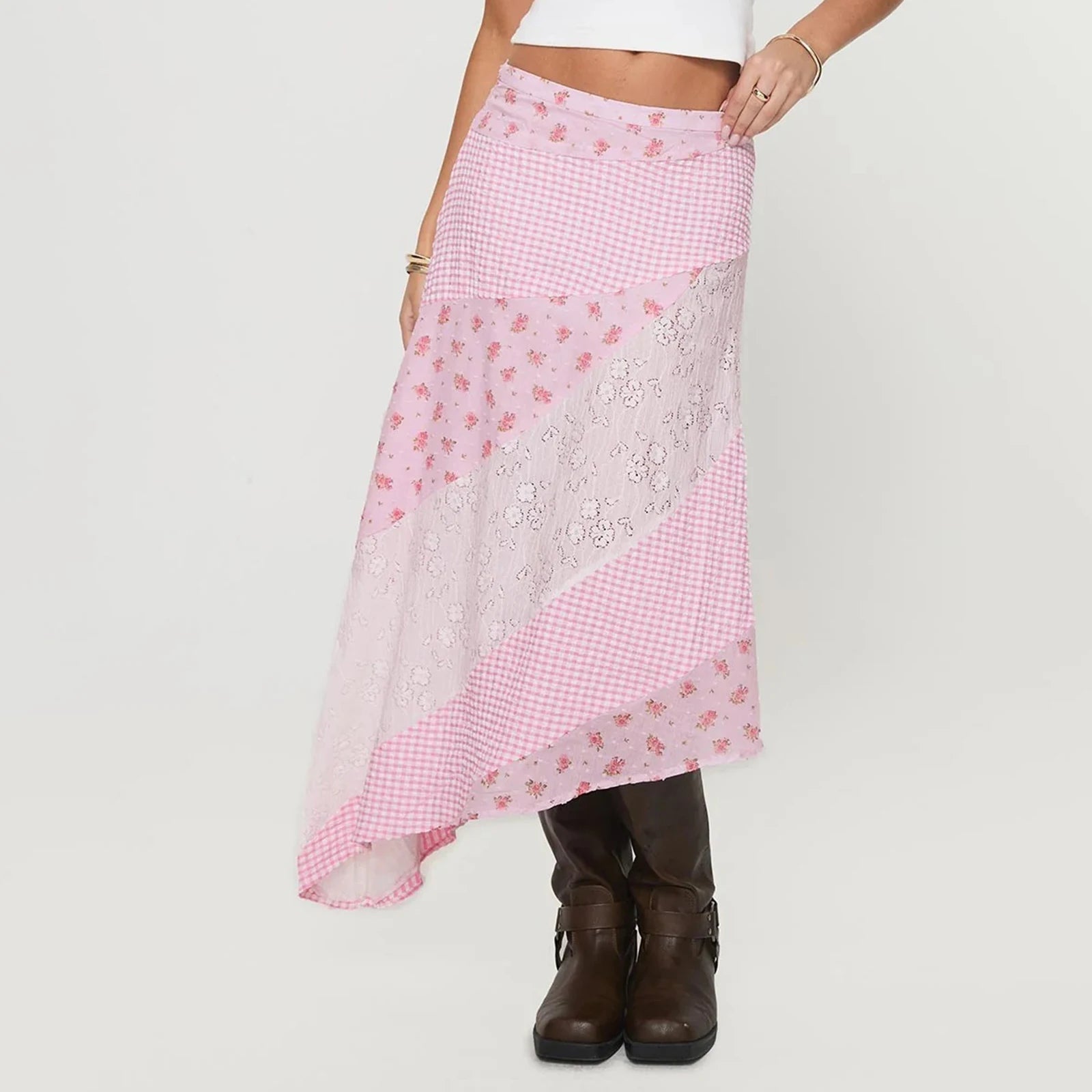 Aiertu  -  Women Y2K Ruffle Layered Maxi Skirt Elastic Waist Asymmetrical Hem Lace Trim A-line Long Skirt Holiday Vacation Aiertu