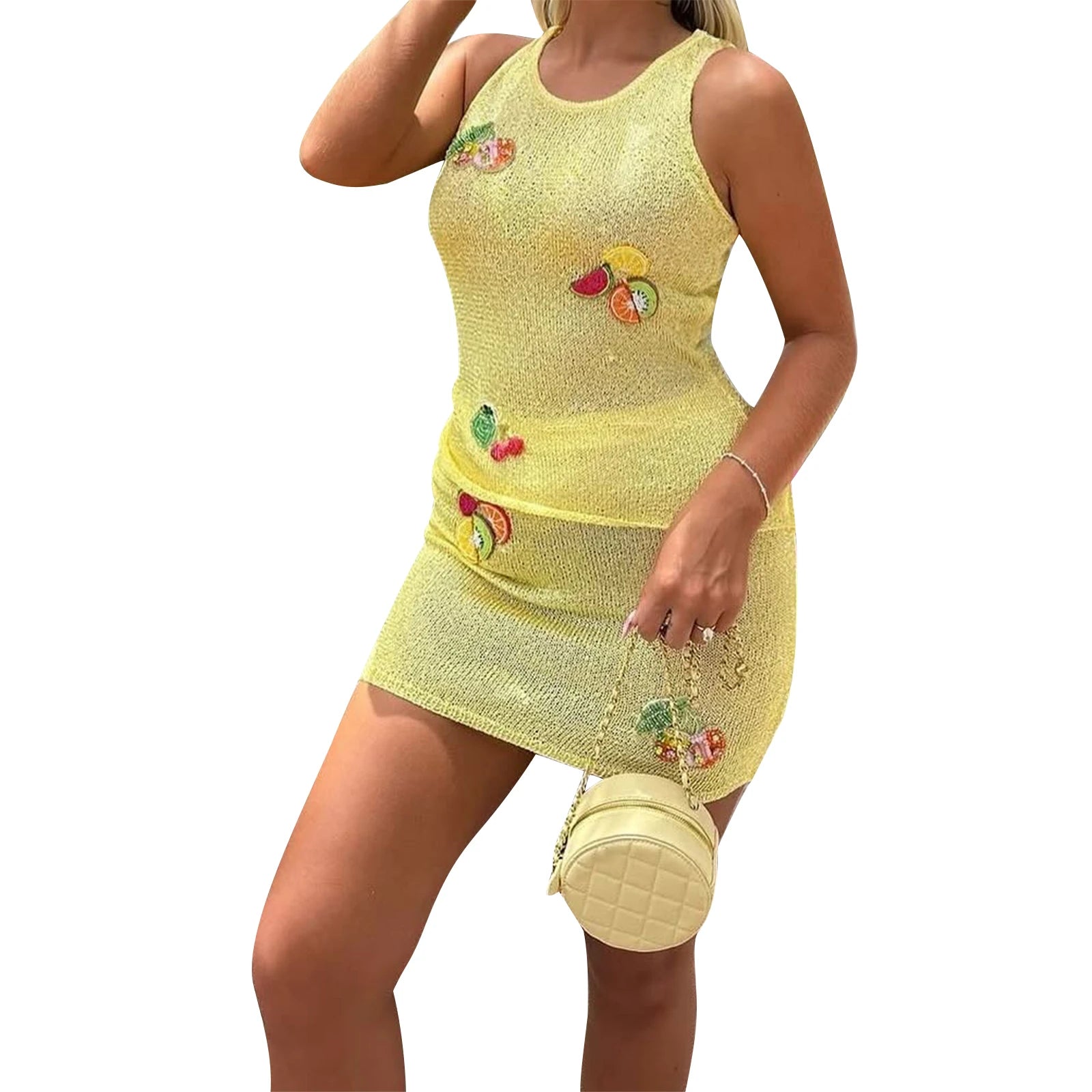 Aiertu  -   Women s Sleeveless Knitted Dress with Round Neckline and Colorful Fruit Patchwork Design Perfect for Summer Beachwear Aiertu