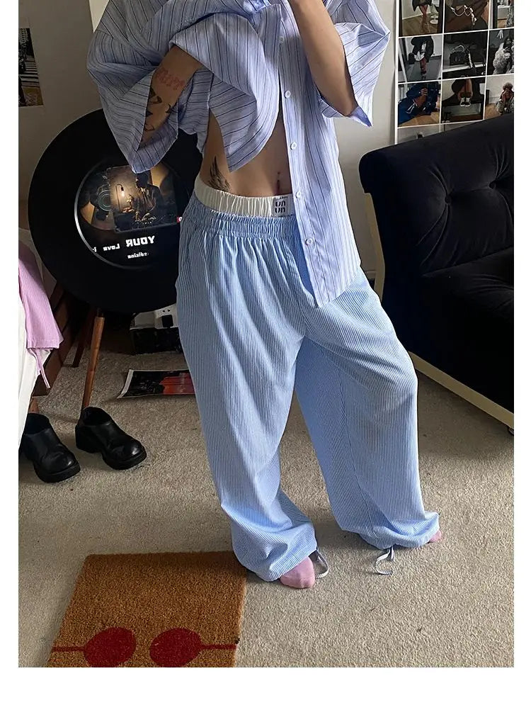 Aiertu  -  Blue Stripe Pants Women Y2k Fake Two Piece Wide Leg Sweatpants Baggy Kpop Sport Trousers Hip Hop Harajuku Summer Bottoms Aiertu