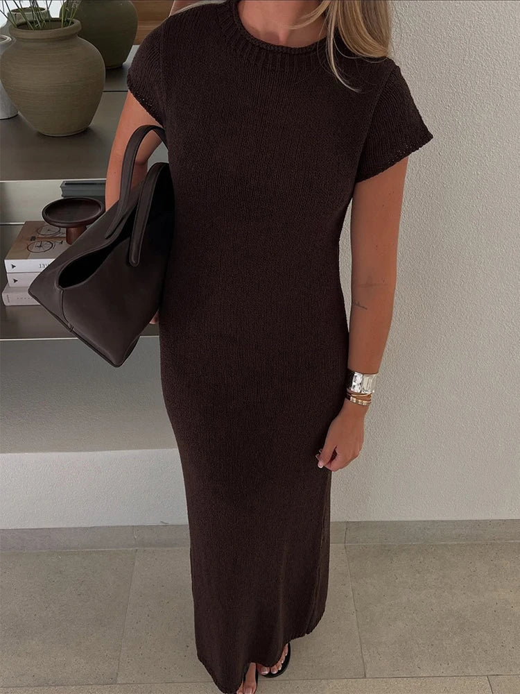 Aiertu  -  Summer Maxi Knit Dress Female Solid Short Sleeve Holiday Party Clothes Slim A-line Round Collar Lady Sweater Dress Casual Aiertu