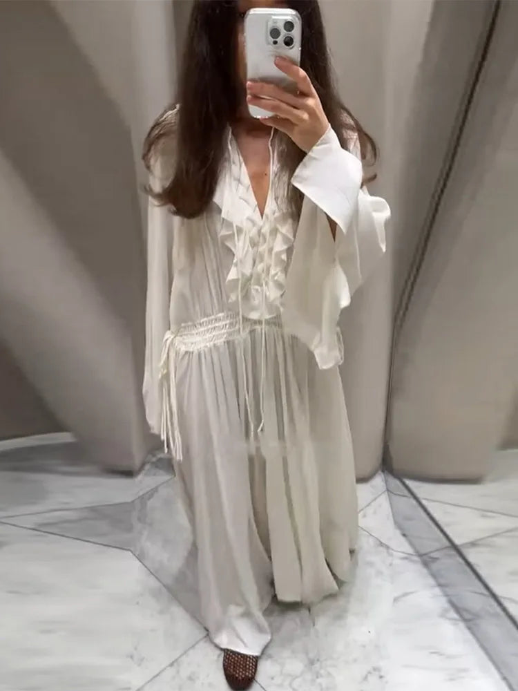 Aiertu  -  Chic White Ruffle Deep V-neck Maxi Dress For Women Spring Drawstring High Waist Pleated Beach Dress Long Flare Sleeve Lady Robe Aiertu